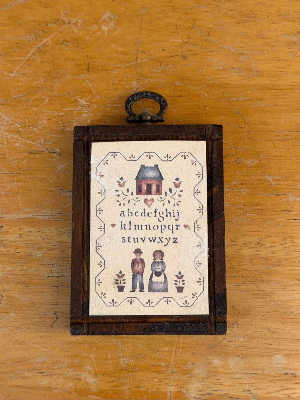 Folk Art Alphabet Sampler Wall Plaque Wood Frame Country Farmhouse Decor (9516)